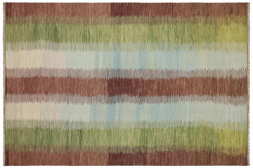 Flat Weave Kilim, Antique, Navaho, Vintage, Handmade, Modern Kilim Blue Brown Hand-Woven Rectangle 100% Wool Area Rug 8 x 11